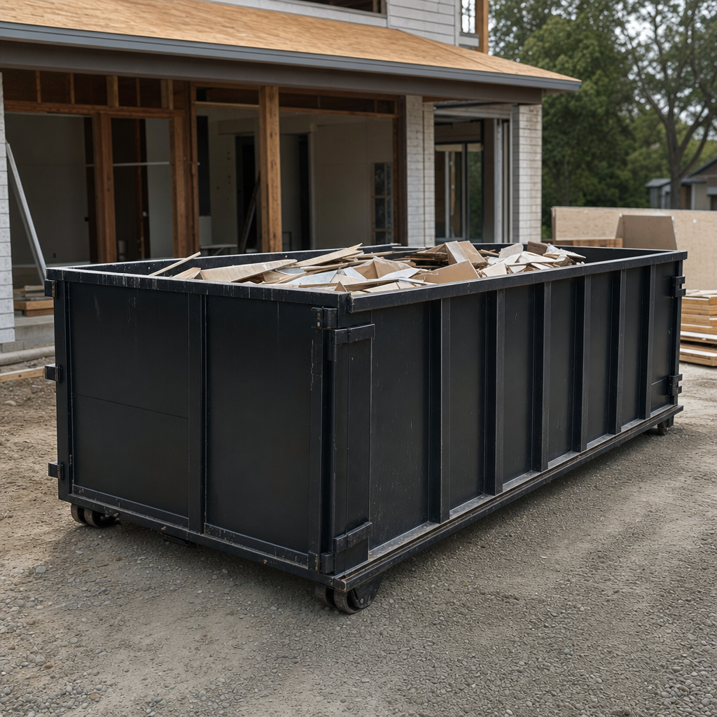 Large matte-black 30-yard construction roll-off dumpster at an active Saginaw jobsite, steel-gray top rails and bottom rollers visible, loaded with construction debris.