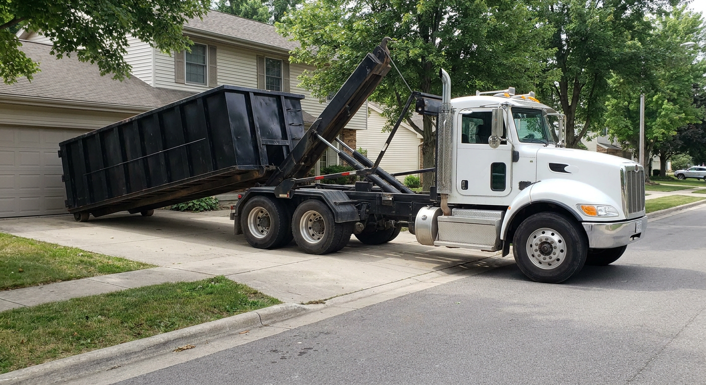 White-cab hooklift roll-off truck actively lowering a matte-black dumpster onto a Saginaw residential concrete driveway, the dumpster's rear wheels touching the driveway as the hoist arm tilts the bed forward, mid-morning daylight.